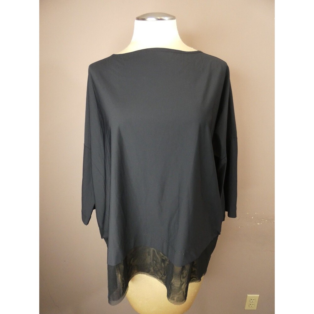 IC Collection Women's S Black Tunic Top Button Back Boatneck Mesh Hem Boxy Nylon